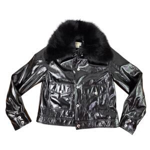 Anthropologie Maeve Faux Leather Furry Collar Jacket XXS 2xs black Patent Biker